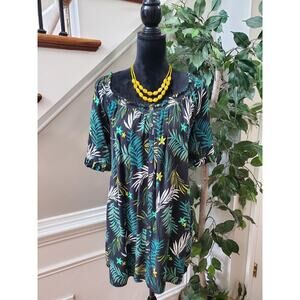 Terra & Sky Black Green Rayon Round Neck Short Sleeve Button Down Shirt Size 2X